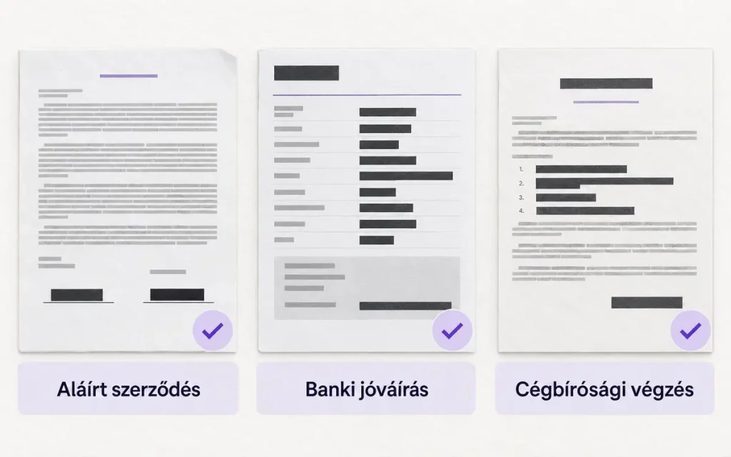 Cégeladási szerződés, banki jóváírás és cégbírósági bejegyzés dokumentációja